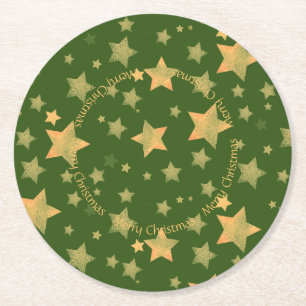 Green Gold Star Elegant Vintage Classic Christmas Round Paper Coaster