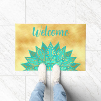 Green Gold Star Mandala on Soft Gold Background Doormat