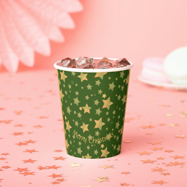 Green Gold Star Pattern Festive Elegant Christmas Paper Cups (Insitu)