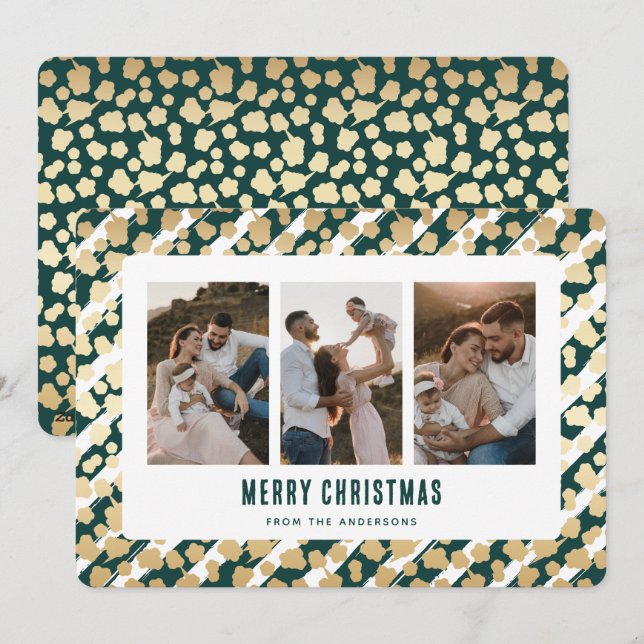 Green Gold Stars 3 Photo Merry Christmas Card (Front/Back)