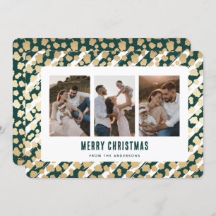 Green Gold Stars 3 Photo Merry Christmas Card