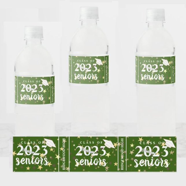 Green Gold Stars Class of 2023 Senior Graduation Water Bottle Label (Creator Uploaded)