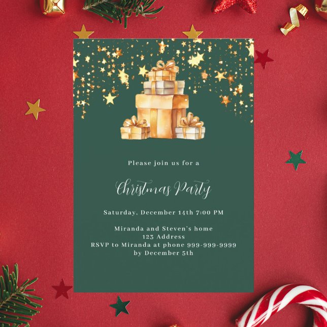 Green gold stars gifts Christmas Party Invitation (Creator Uploaded)