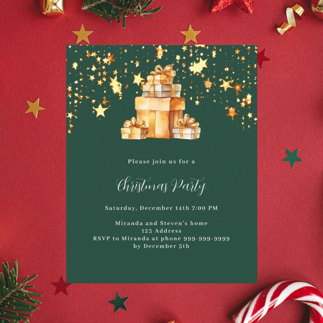 Green gold stars gifts Christmas Party invitation (Creator Uploaded)