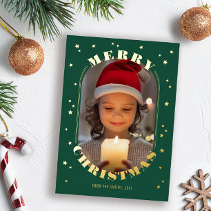 Green Gold Stars Oblong Photo Merry Christmas Foil Holiday Card