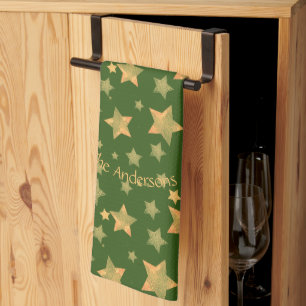 Green Gold Stars Pattern Elegant Merry Christmas Tea Towel