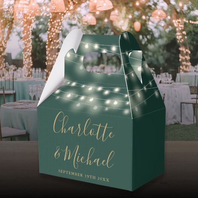 Green Gold String Lights Signature Script Wedding Favour Box (Green Gold String Lights Signature Script Wedding Favor Boxes)