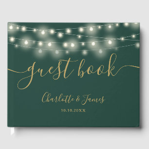 Green Gold String Lights Signature Script Wedding Guest Book