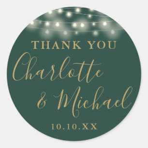 Green Gold String Lights Wedding Favor Thank You  Classic Round Sticker