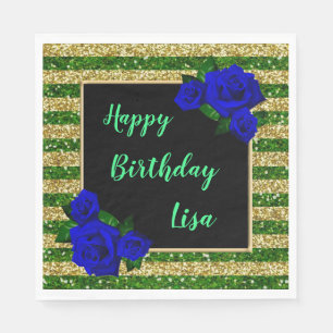 Green Gold Stripes Glitter Deep Blue Rose Birthday Napkin