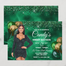 Green & Gold Sweet 16 Girl Birthday Invitation