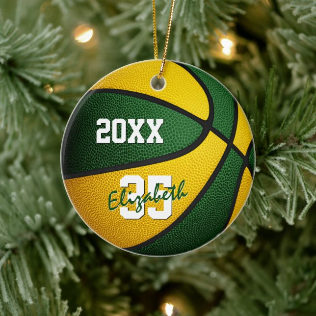 green gold team colors basketball keepsake ceramic ornament (Tree)