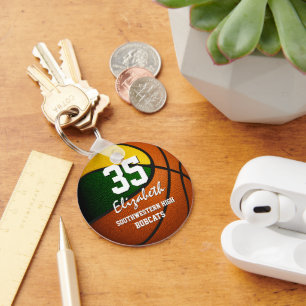 Green gold team colours boys girls basketball key ring