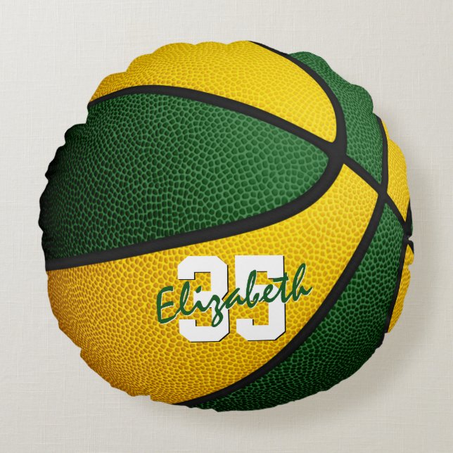 green gold team colours girls boys basketball room round cushion (Front)