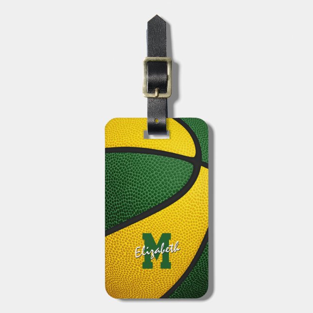 green gold team colours monogrammed basketball luggage tag (Front Vertical)