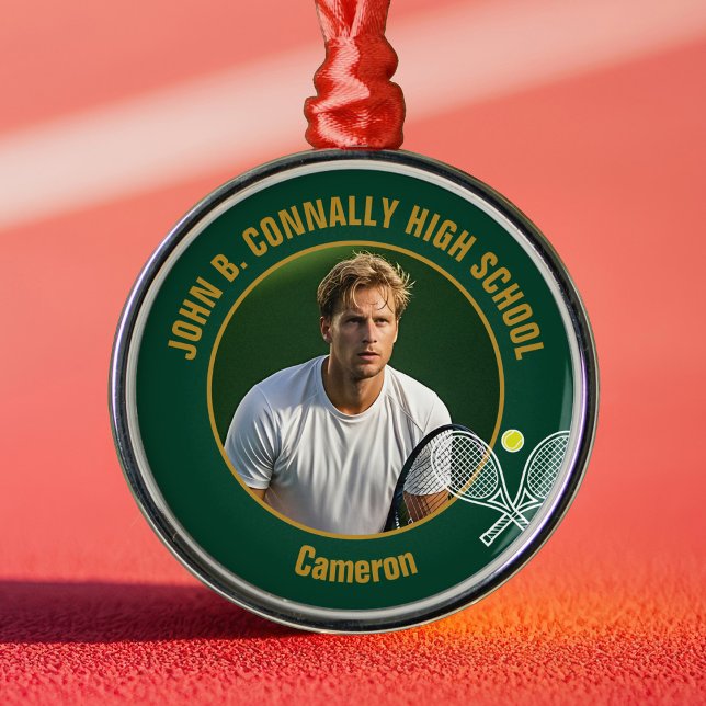 Green Gold Tennis Player Photo Christmas Gift Metal Ornament (Creator Uploaded)