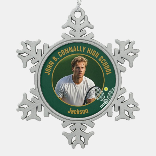 Green Gold Tennis Player Photo High School Snowflake Pewter Christmas Ornament (Front)
