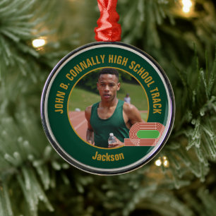 Green Gold Track Team Photo Runner Christmas Metal Ornament