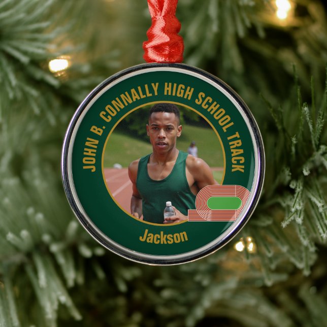 Green Gold Track Team Photo Runner Christmas Metal Ornament (Tree)
