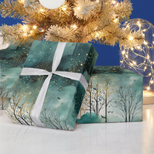 Green Gold Trees with Birds Christmas Wrapping Paper