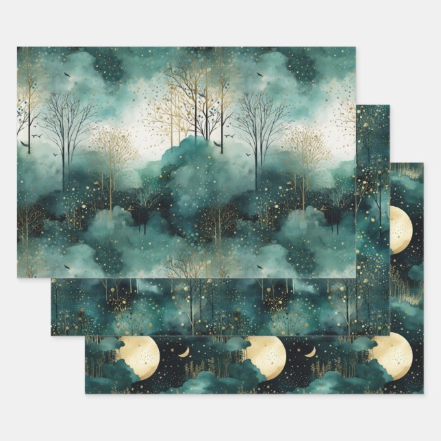 Green Gold Trees with Birds Christmas Wrapping Paper Sheet (Set)