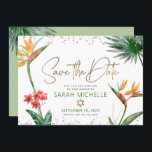 Green Gold Tropical Bat Mitzvah Floral Palm Modern Save The Date<br><div class="desc">Make sure all your friends and relatives will be able to celebrate your daughter’s milestone Bat Mitzvah! Send out this chic, personalised “Save the Date” announcement card. Stunning, colourful, tropical watercolor birds of paradise flowers, faux gold handwritten script, Star of David and glitter dots, along with green and grey modern...</div>