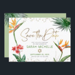Green Gold Tropical Bat Mitzvah Floral Palm Modern Save The Date<br><div class="desc">Make sure all your friends and relatives will be able to celebrate your daughter’s milestone Bat Mitzvah! Send out this chic, personalised “Save the Date” announcement card. Stunning, colourful, tropical watercolor birds of paradise flowers, faux gold handwritten script, Star of David and glitter dots, along with green and grey modern...</div>