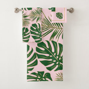 Green, gold tropical leaves and monogram pink bath towel set
