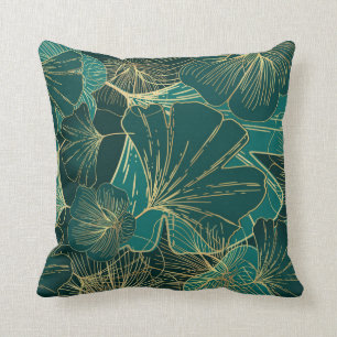 Green- Gold Tropical Leaves  Cushion