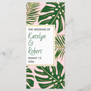 Green, gold tropical leaves pink wedding program