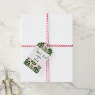 Green, gold tropical leaves pink wedding Thank You Gift Tags