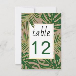 Green, gold tropical leaves wedding table number