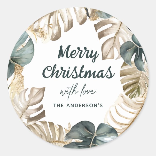Green & Gold Tropical Palm Wreath Christmas Classic Round Sticker (Front)