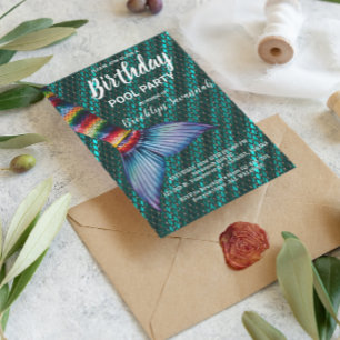 Green Gold Turquoise Mermaid Tail Pool Party Postcard