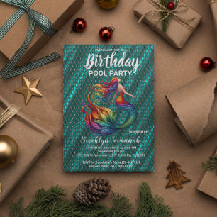 Green Gold Turquoise Mermaid Tail Pool Party Postcard