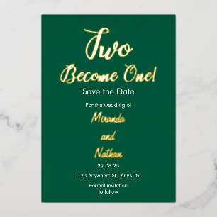 Green & Gold Two Become One Foil Wedding Invitatio