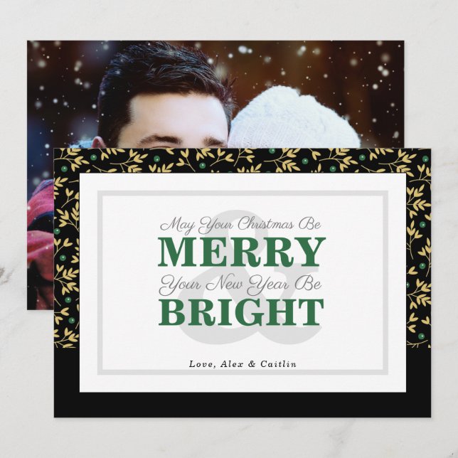 Green & Gold Typography Holiday Pattern Photo Card (Front/Back)