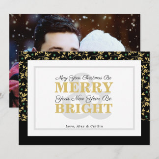 Green & Gold Typography Holiday Pattern Photo Card