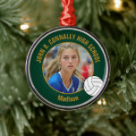 Green Gold Volleyball Player Photo Christmas Metal Ornament<br><div class="desc">This cool customized high school volleyball player photo gift features white typography of your team and player name on a dark green and gold Christmas ornament with a ball design. Personalize with your student's photograph and class year for a commemorative keepsake present.</div>