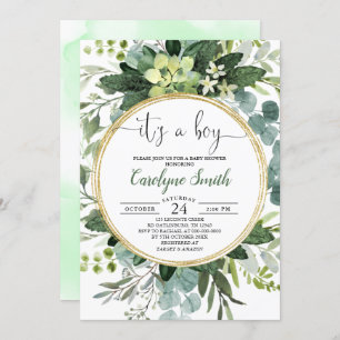 Green Gold Watercolor Botanical Boy Baby Shower Invitation