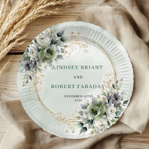 Green Gold Watercolor Eucalyptus Wedding Paper Plate
