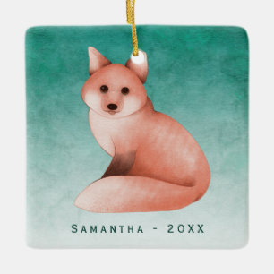 Green Gold Watercolor Fox Personalised Photo Ceramic Ornament