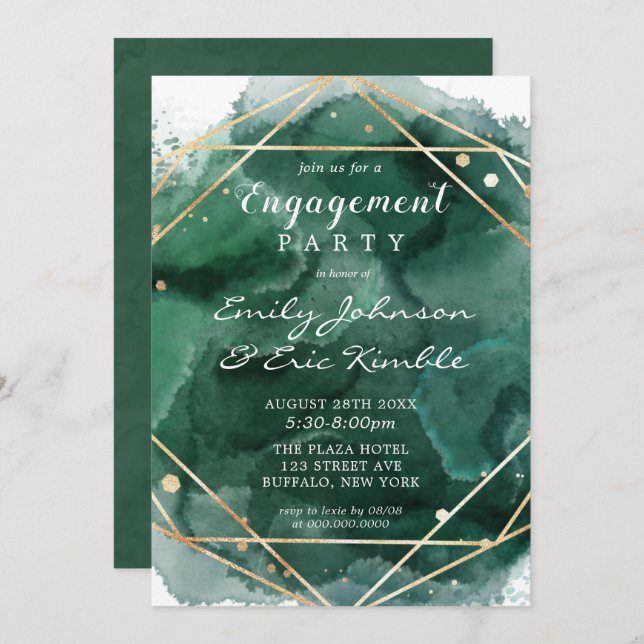 Green Gold Watercolor Geometric Engagement Party Invitation (Front/Back)