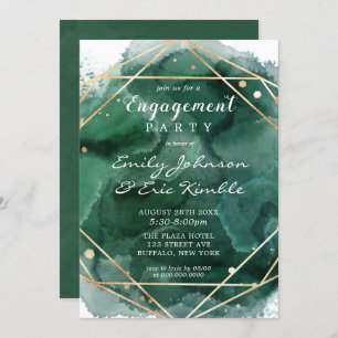 Green Gold Watercolor Geometric Engagement Party Invitation