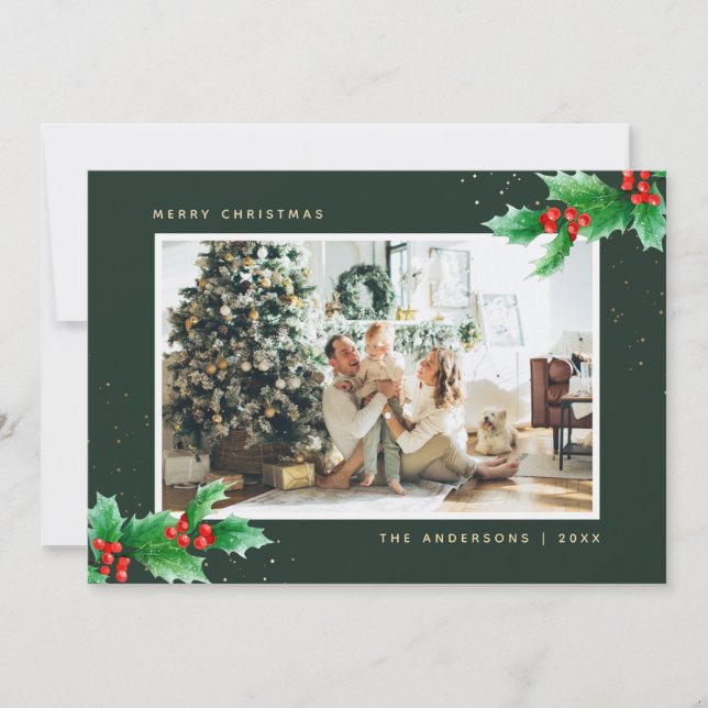 Green Gold Watercolor Holly Photo Christmas Cards (Front)
