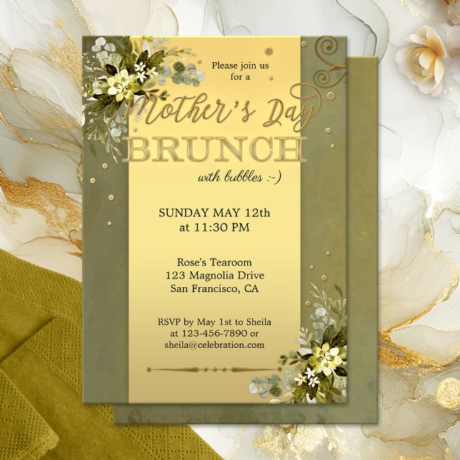 Green Gold Watercolor Mothers Day Brunch Invitation (Elegant Mother's Day Brunch invitation featuring a gold stylized design with watercolor leaves)