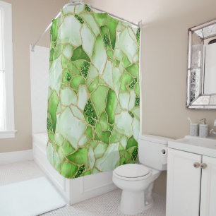 Green Gold Watercolor Sea Glass Mosaic Pattern Shower Curtain