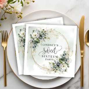 Green Gold Watercolor Sweet Sixteen Party Napkins