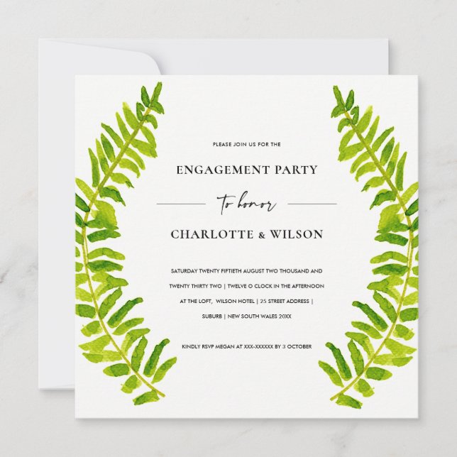 GREEN GOLD WATERCOLOUR FERN FOLIAGE ENGAGEMENT INVITATION (Front)