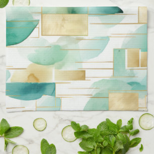 Green Gold White Abstract Tea Towel